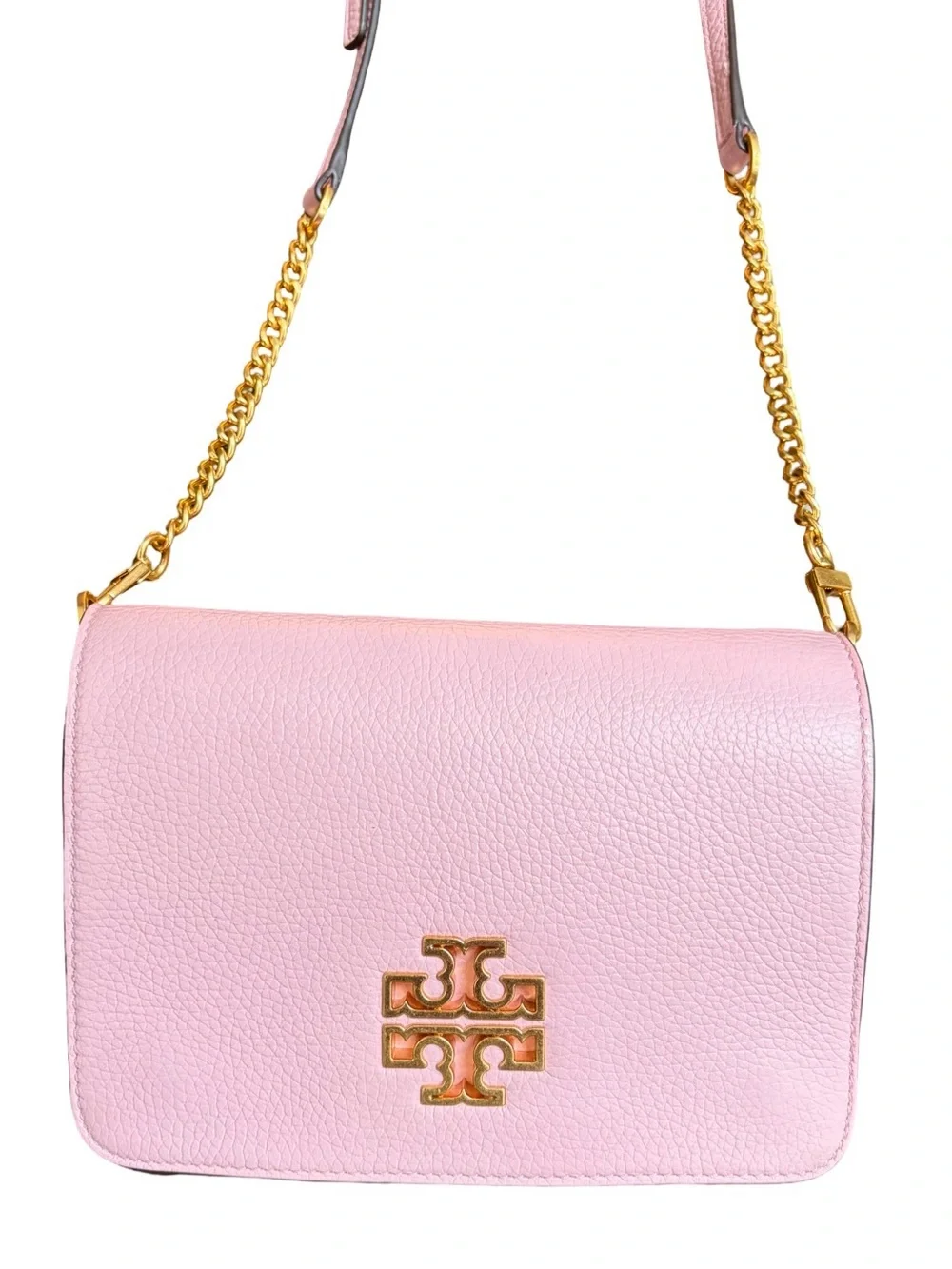 Tory Burch Britten Convertible Leather Shoulder Bag Crossbody Pink Big Gold Logo